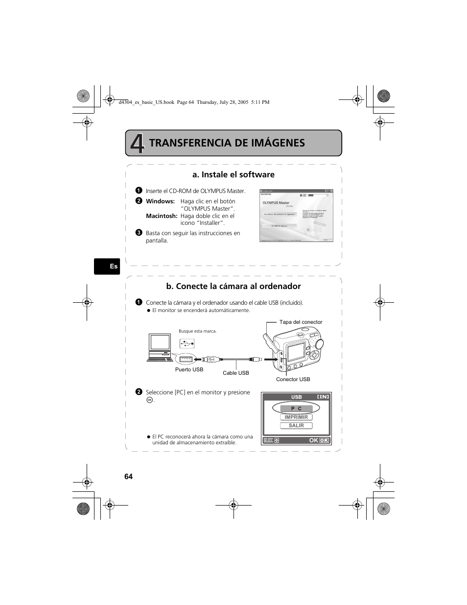 Transferencia de imágenes, A. instale el software, B. conecte la cámara al ordenador | Olympus FE-100 User Manual | Page 64 / 116