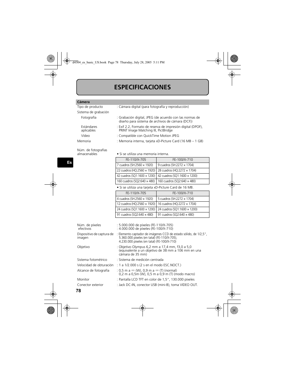 Especificaciones | Olympus FE-100 User Manual | Page 78 / 116