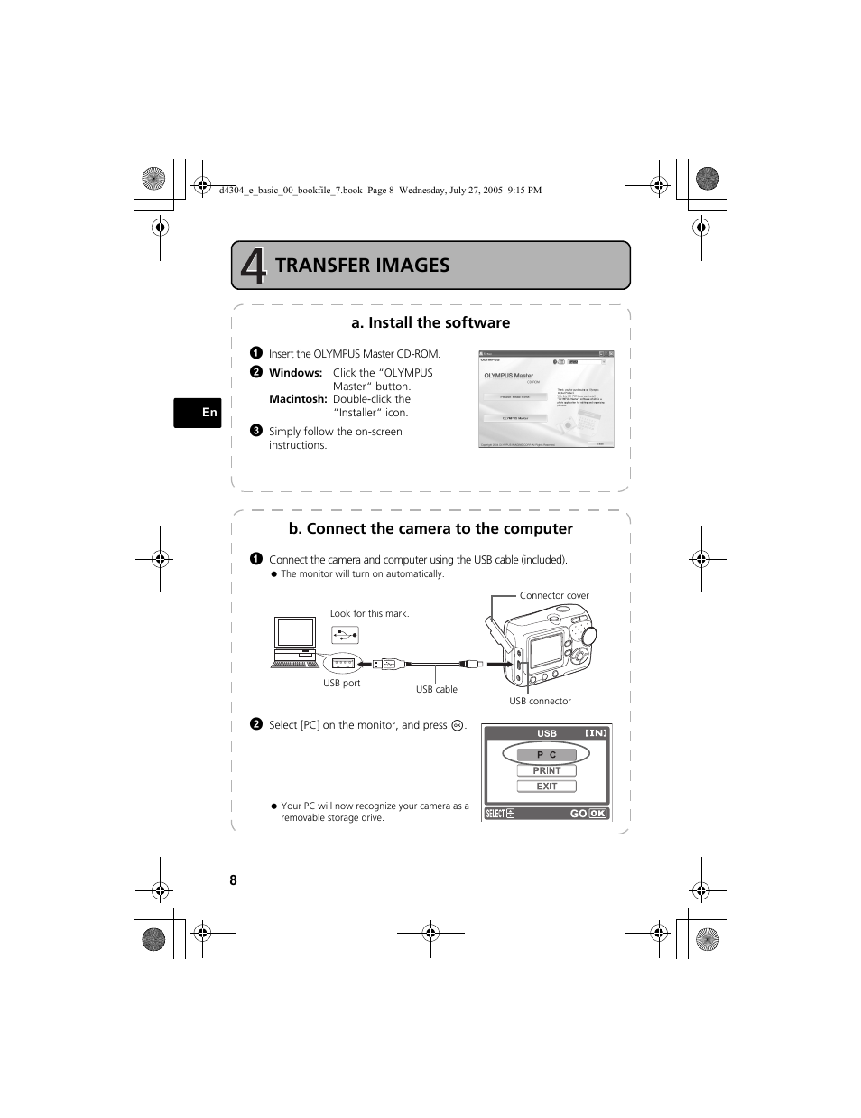 Transfer images, A. install the software, B. connect the camera to the computer | Olympus FE-100 User Manual | Page 8 / 116