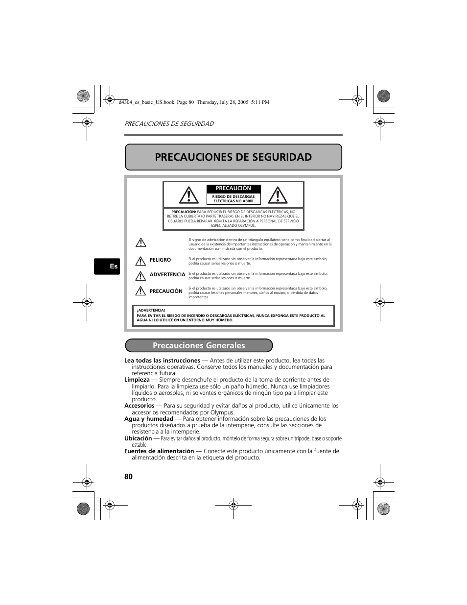 Precauciones de seguridad, Precauciones generales | Olympus FE-100 User Manual | Page 80 / 116