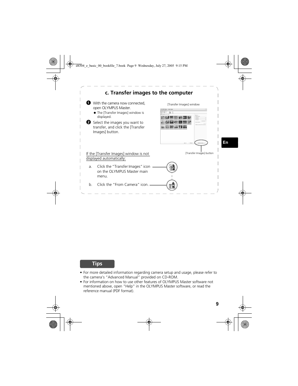 C. transfer images to the computer, Tips | Olympus FE-100 User Manual | Page 9 / 116