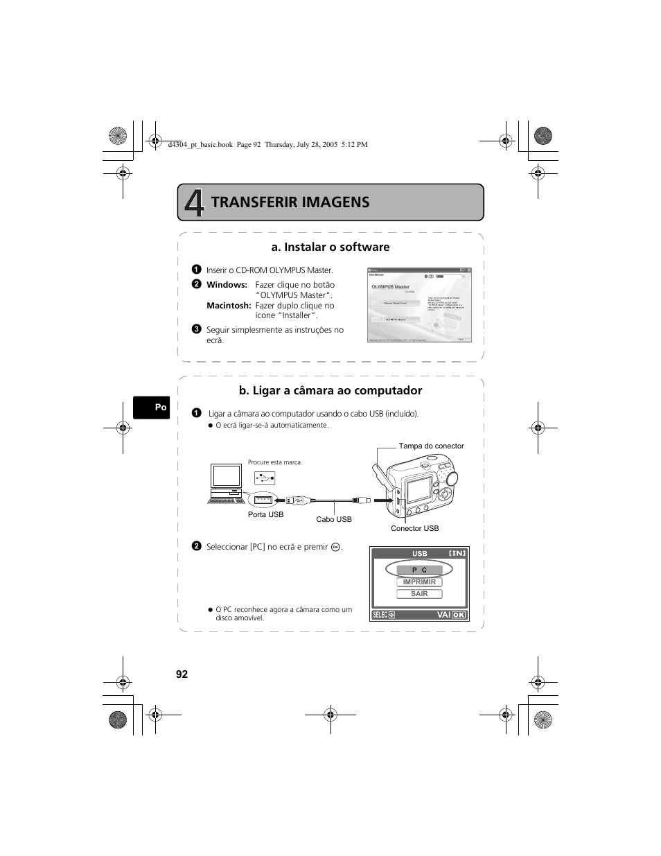 Transferir imagens, A. instalar o software, B. ligar a câmara ao computador | Olympus FE-100 User Manual | Page 92 / 116