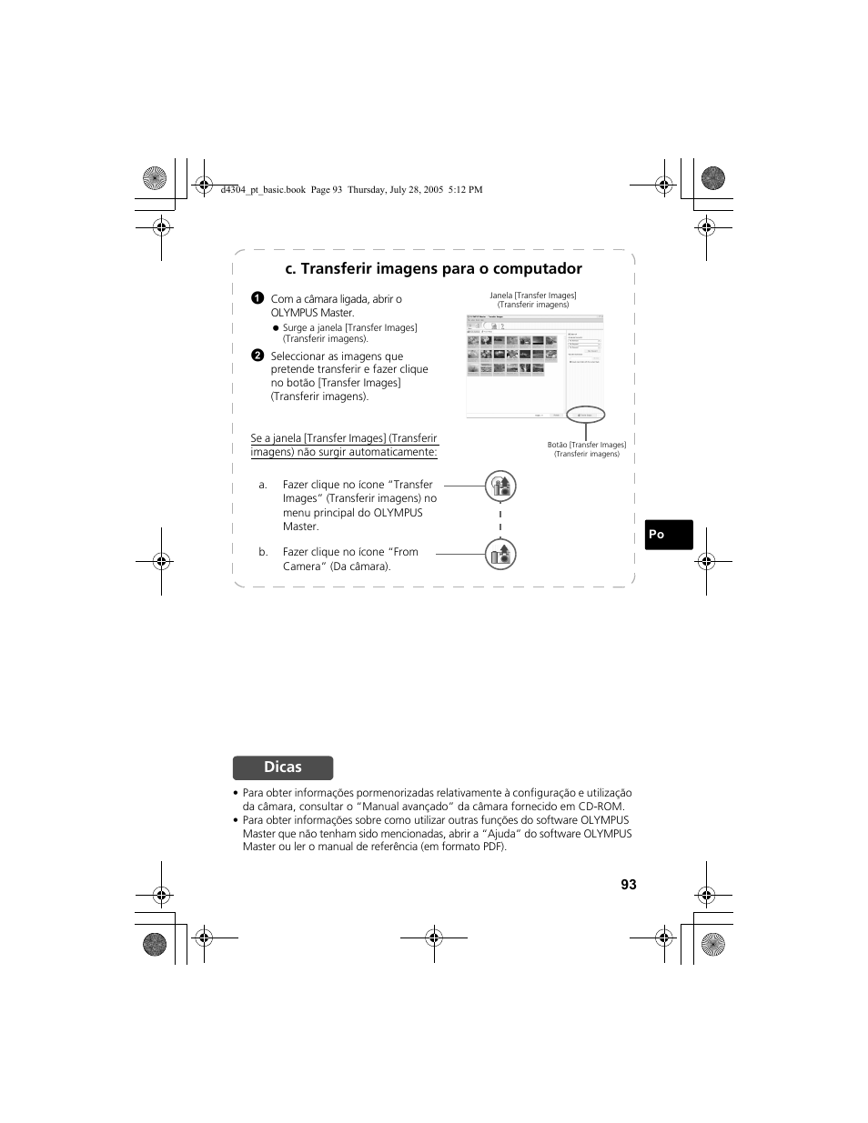 C. transferir imagens para o computador, Dicas | Olympus FE-100 User Manual | Page 93 / 116