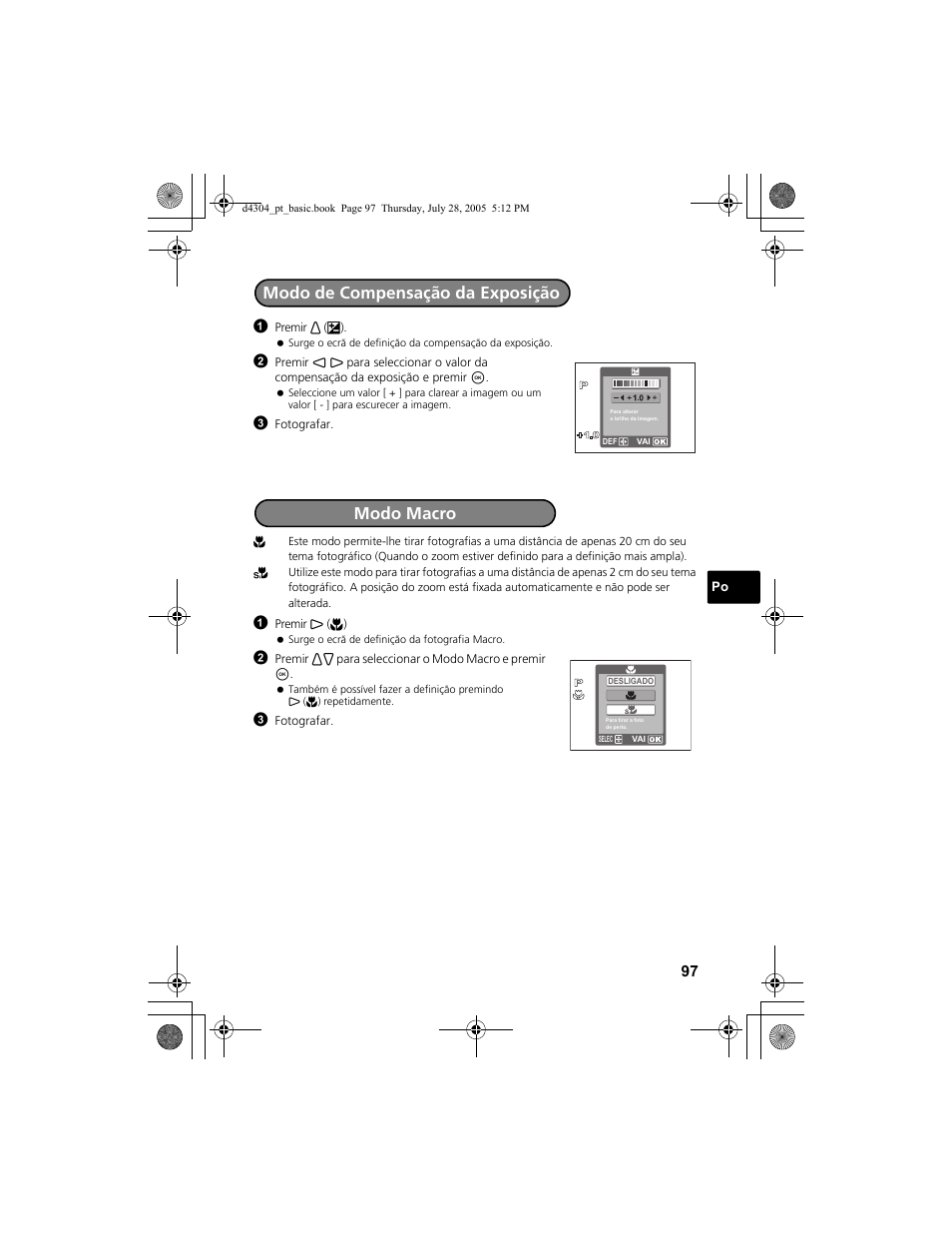 Modo de compensação da exposição, Modo macro | Olympus FE-100 User Manual | Page 97 / 116