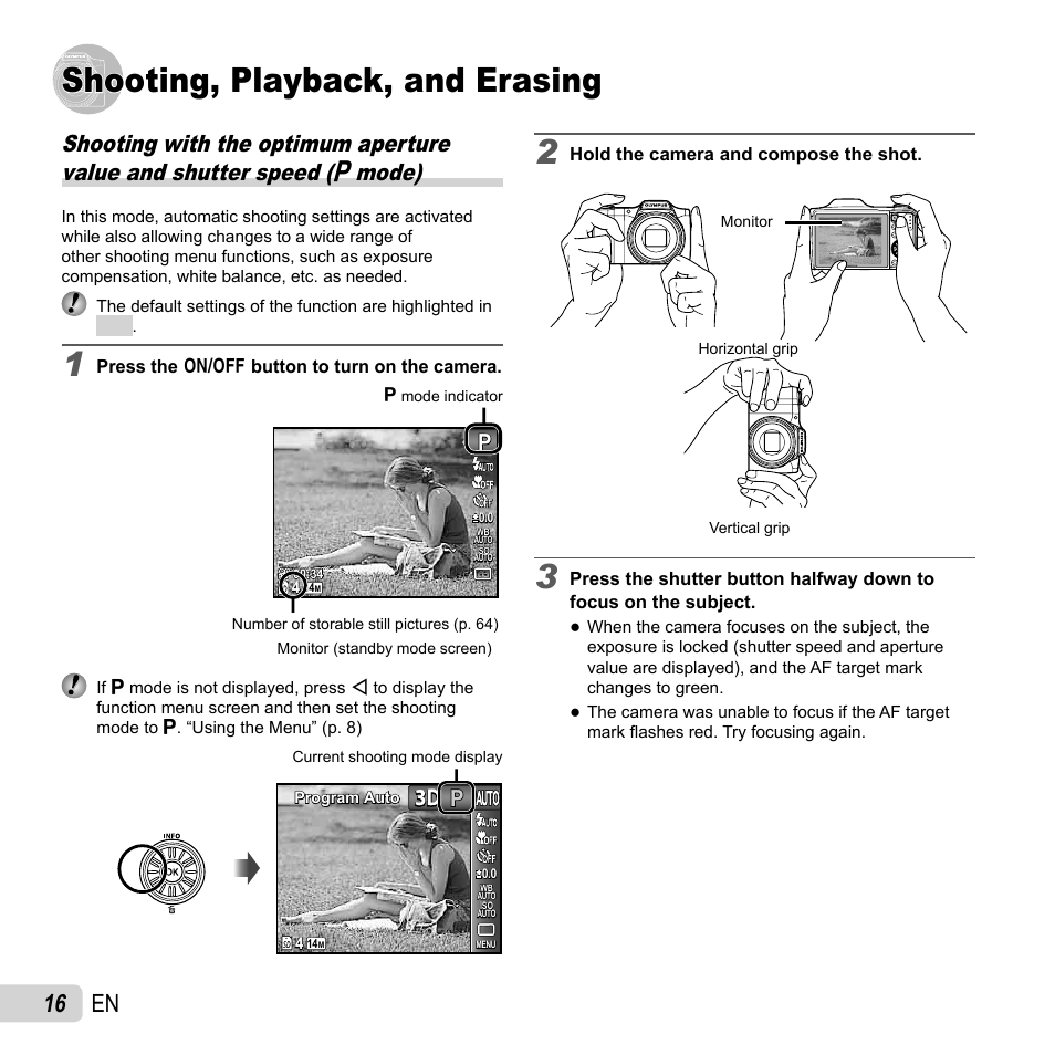 Shooting, playback, and erasing, 16 en | Olympus SZ-14 User Manual | Page 16 / 80