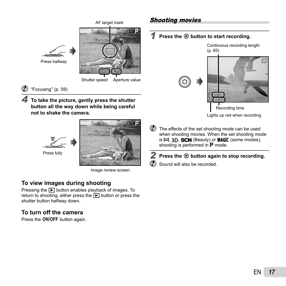 17 en, Shooting movies | Olympus SZ-14 User Manual | Page 17 / 80