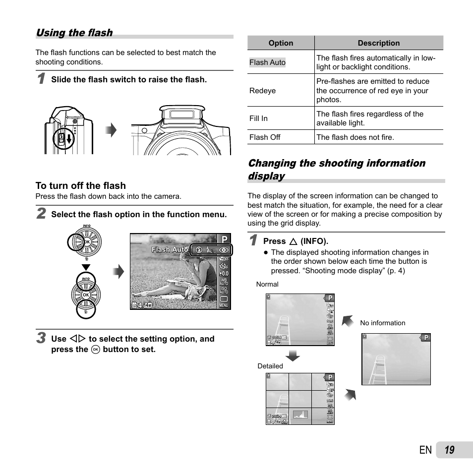 19 en, Using the fl ash, Changing the shooting information display | Slide the fl ash switch to raise the fl ash, Select the fl ash option in the function menu, Press f (info) | Olympus SZ-14 User Manual | Page 19 / 80