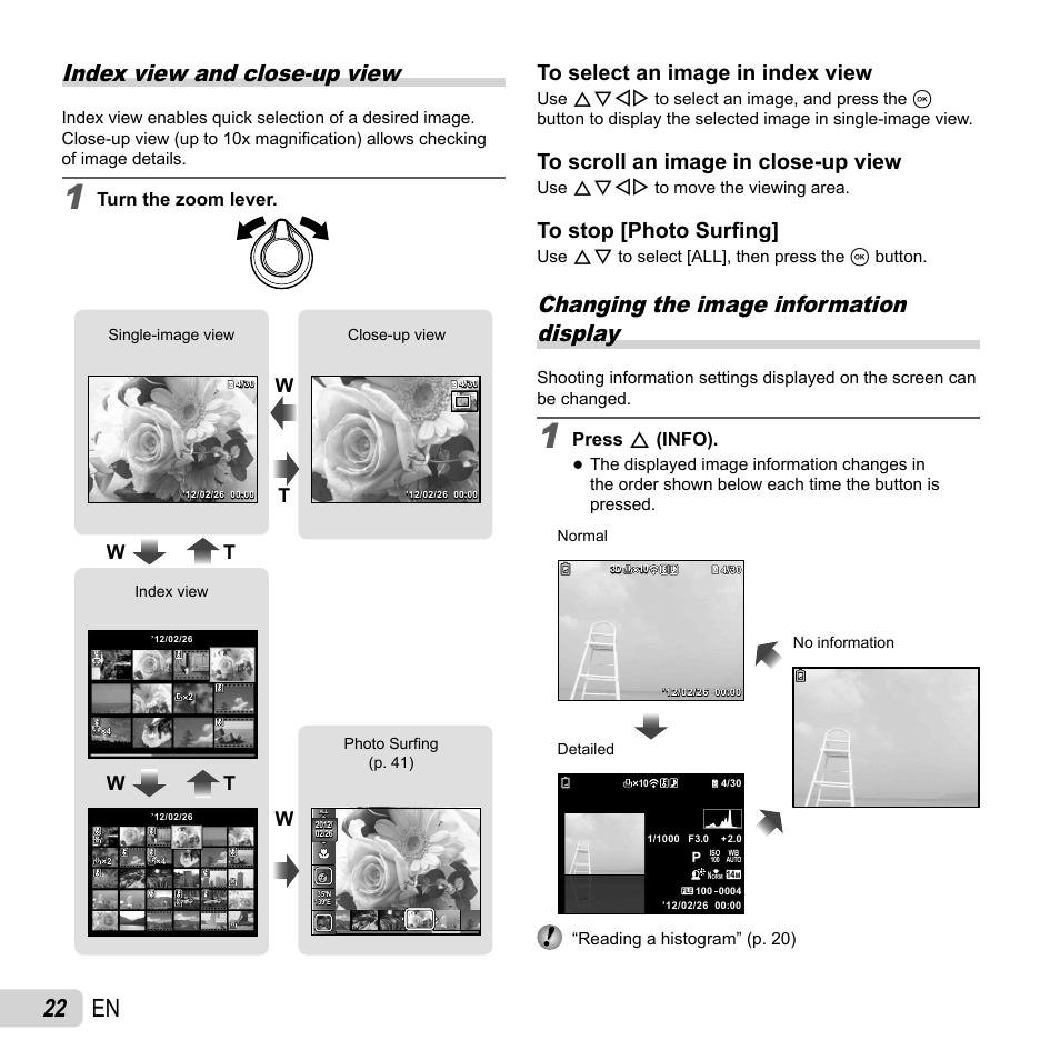 22 en, Changing the image information display, Index view and close-up view | Wt w t, Press f (info), Turn the zoom lever | Olympus SZ-14 User Manual | Page 22 / 80