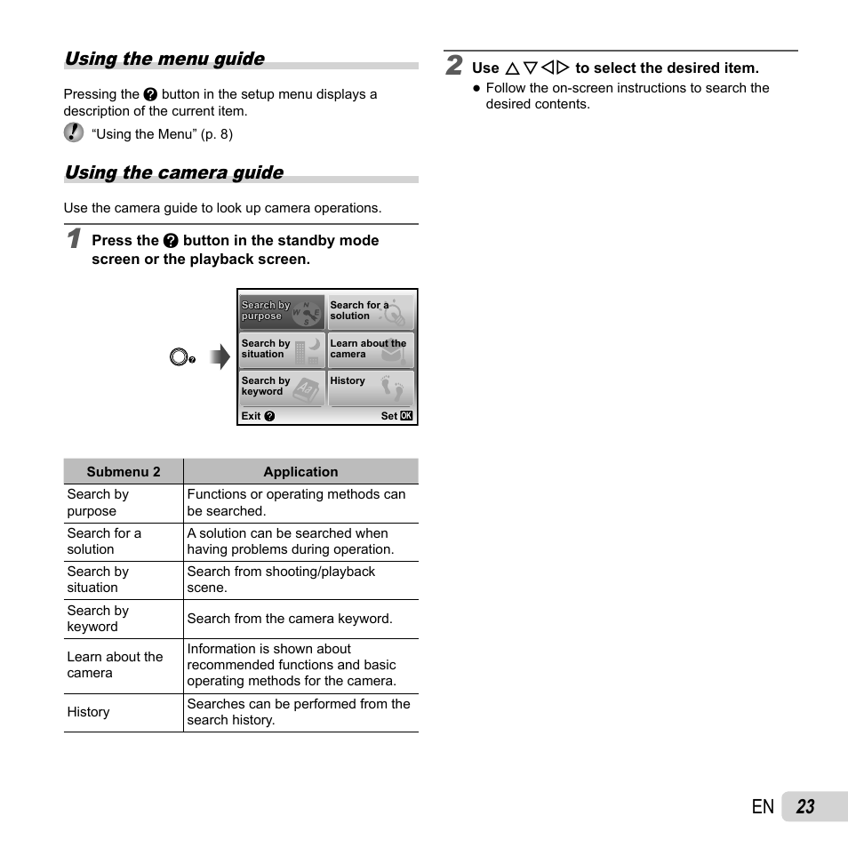 23 en, Using the menu guide, Using the camera guide | Olympus SZ-14 User Manual | Page 23 / 80