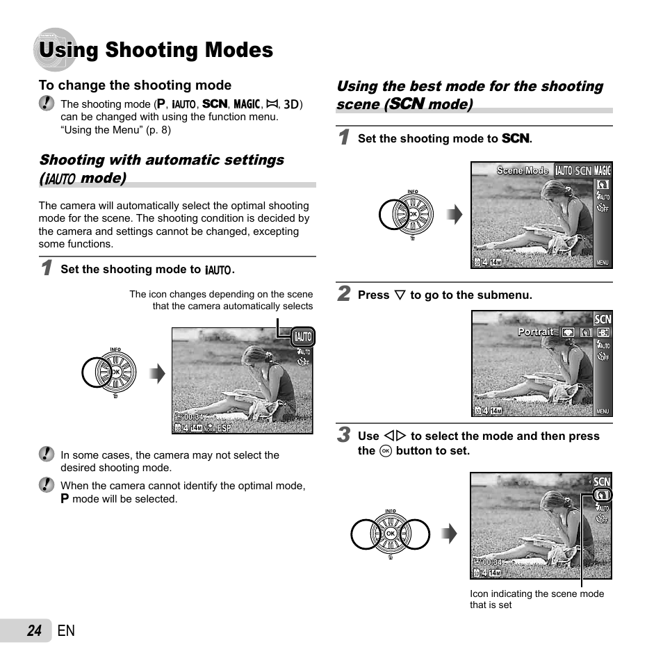 Using shooting modes, 24 en, Shooting with automatic settings ( m mode) | Olympus SZ-14 User Manual | Page 24 / 80