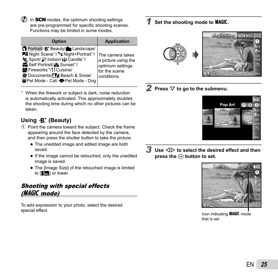 25 en, Shooting with special effects ( p mode), Using using v v (beauty) (beauty) | Olympus SZ-14 User Manual | Page 25 / 80