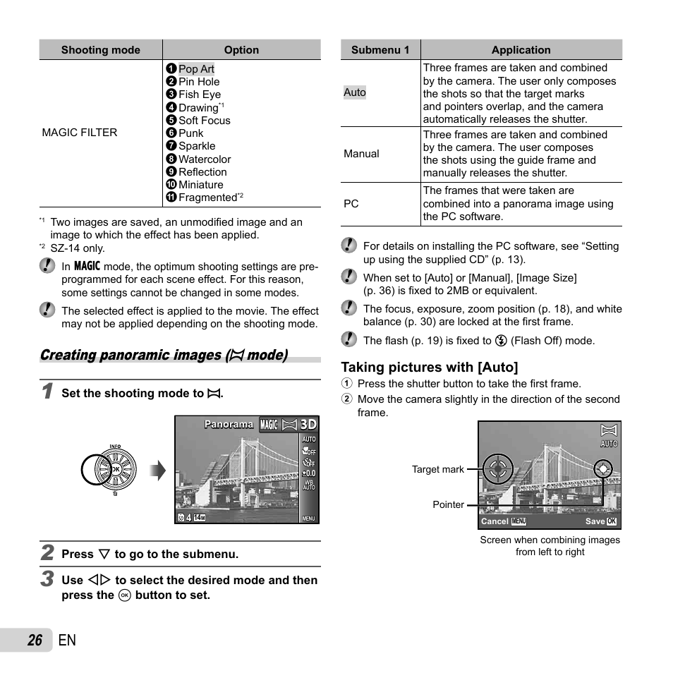 26 en, Creating panoramic images (p mode), Taking pictures with [auto | Olympus SZ-14 User Manual | Page 26 / 80