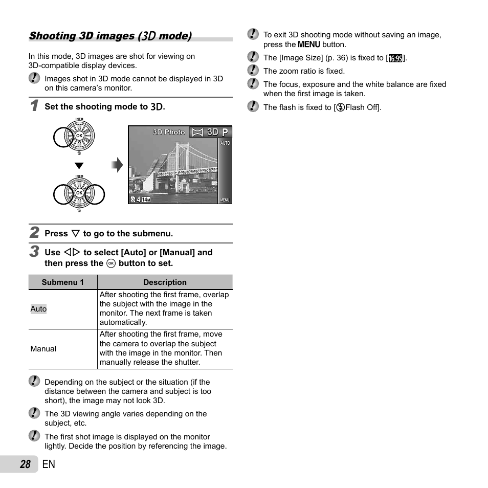 28 en, Shooting 3d images ( w mode) | Olympus SZ-14 User Manual | Page 28 / 80