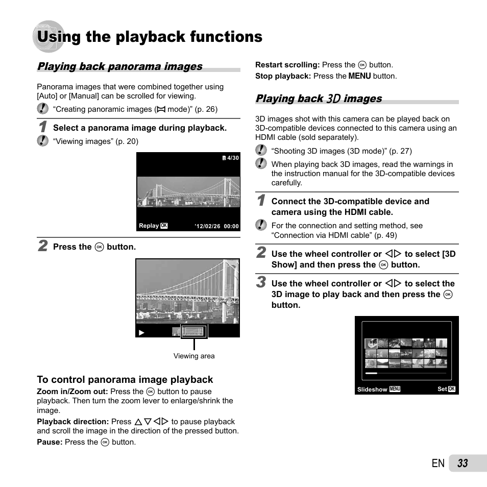 Using the playback functions, 33 en, Playing back panorama images | Playing back w images | Olympus SZ-14 User Manual | Page 33 / 80