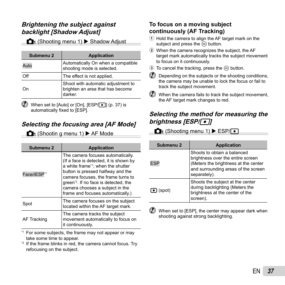 37 en, Selecting the focusing area [af mode | Olympus SZ-14 User Manual | Page 37 / 80