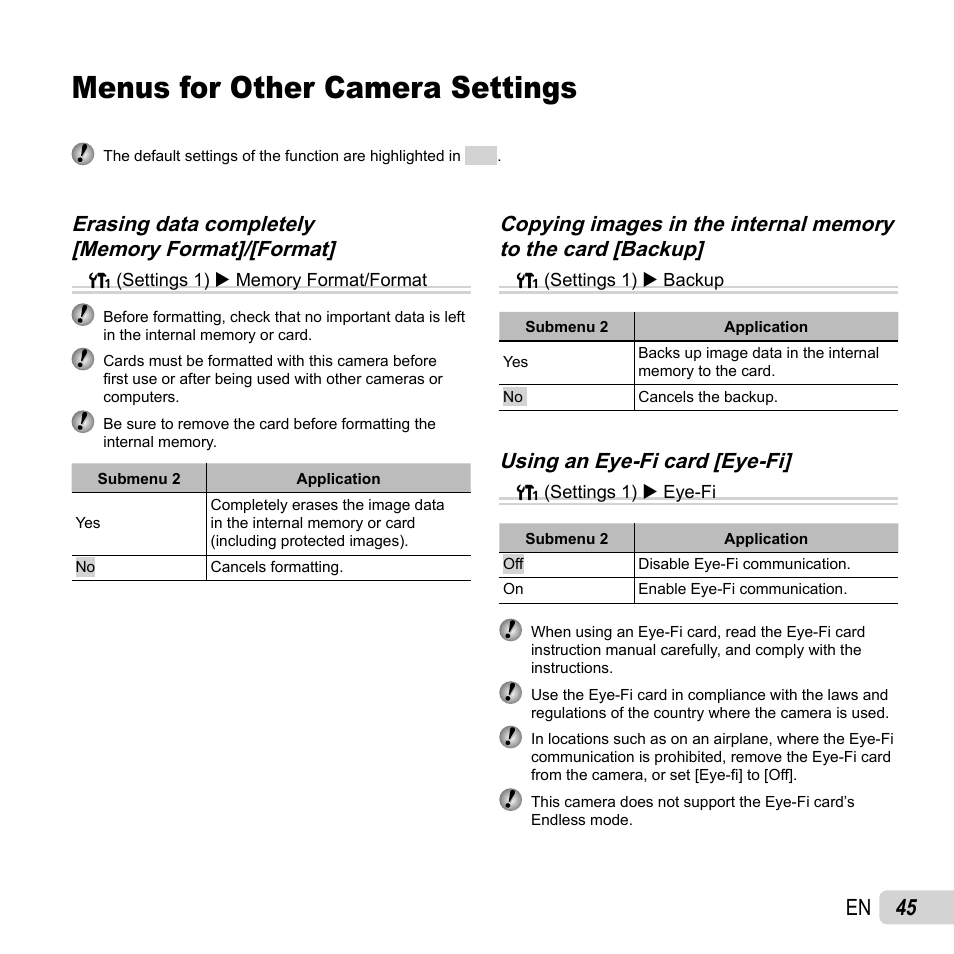 Menus for other camera settings, 45 en, Using an eye-fi card [eye-fi | Olympus SZ-14 User Manual | Page 45 / 80
