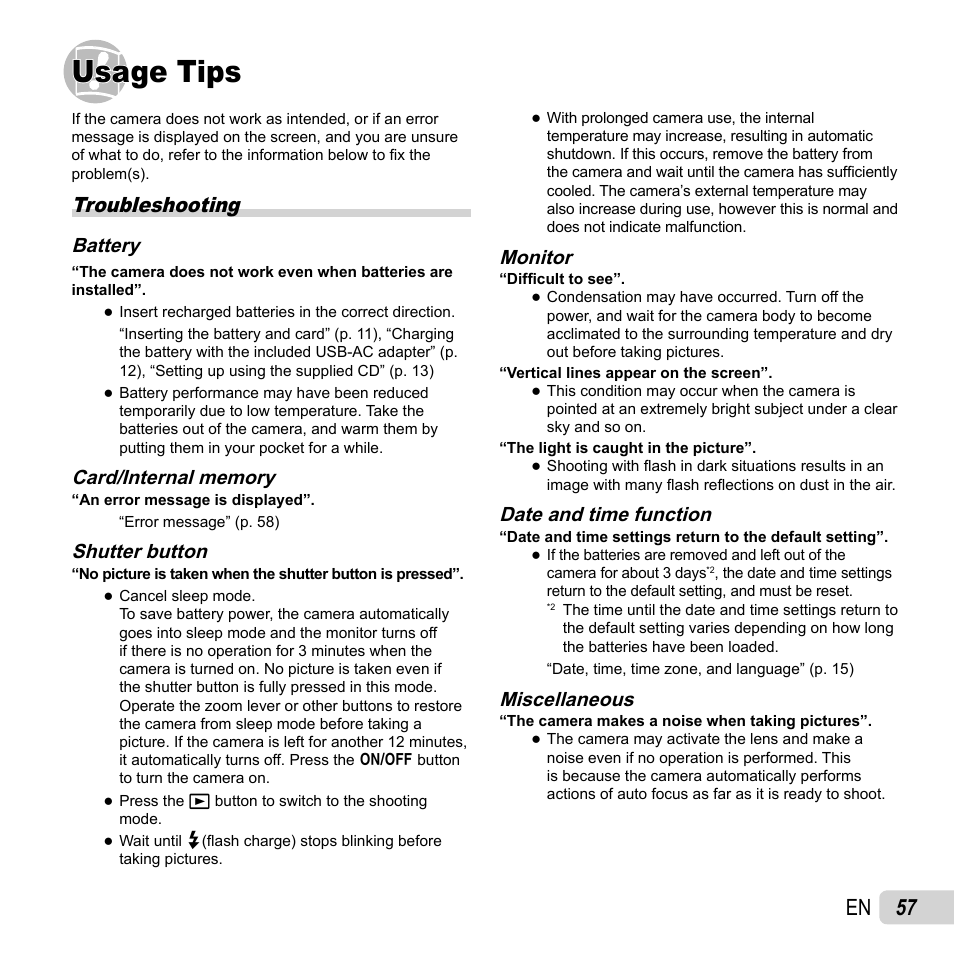 Usage tips, 57 en, Troubleshooting | Olympus SZ-14 User Manual | Page 57 / 80