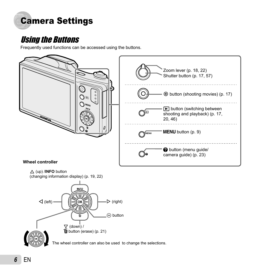 Camera settings, Using the buttons, 6 en | Olympus SZ-14 User Manual | Page 6 / 80