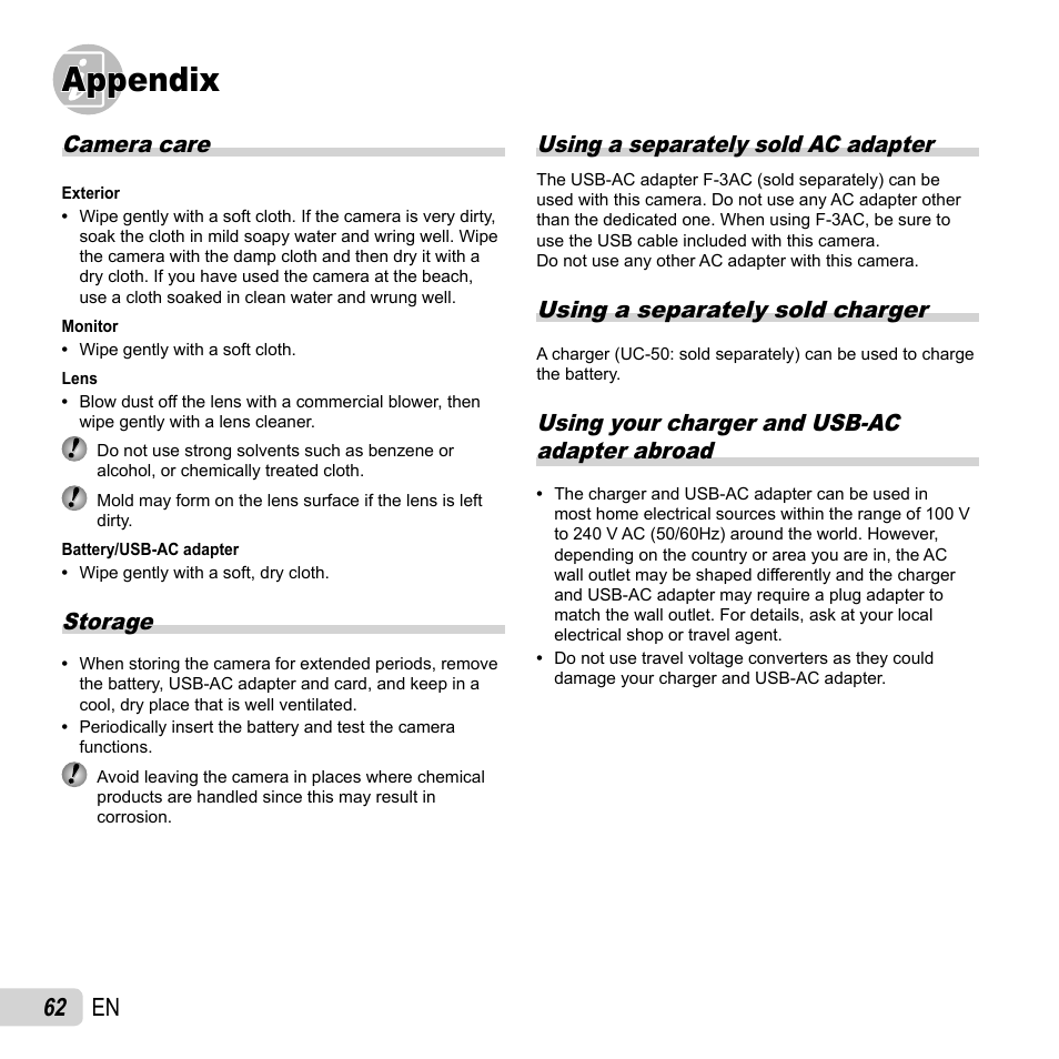 Appendix, 62 en, Camera care | Storage, Using a separately sold ac adapter, Using a separately sold charger, Using your charger and usb-ac adapter abroad | Olympus SZ-14 User Manual | Page 62 / 80