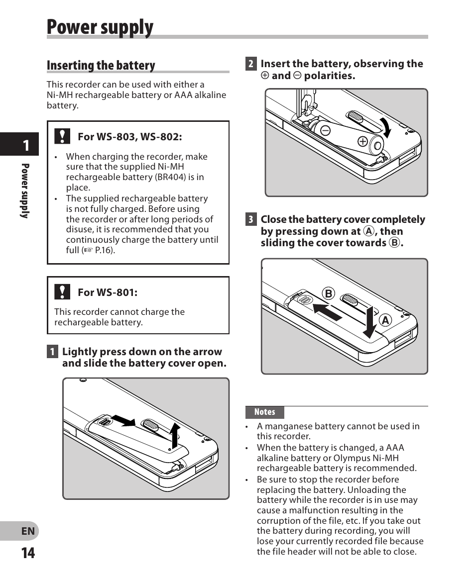 Power supply, Inserting the battery | Olympus WS-802 User Manual | Page 14 / 95