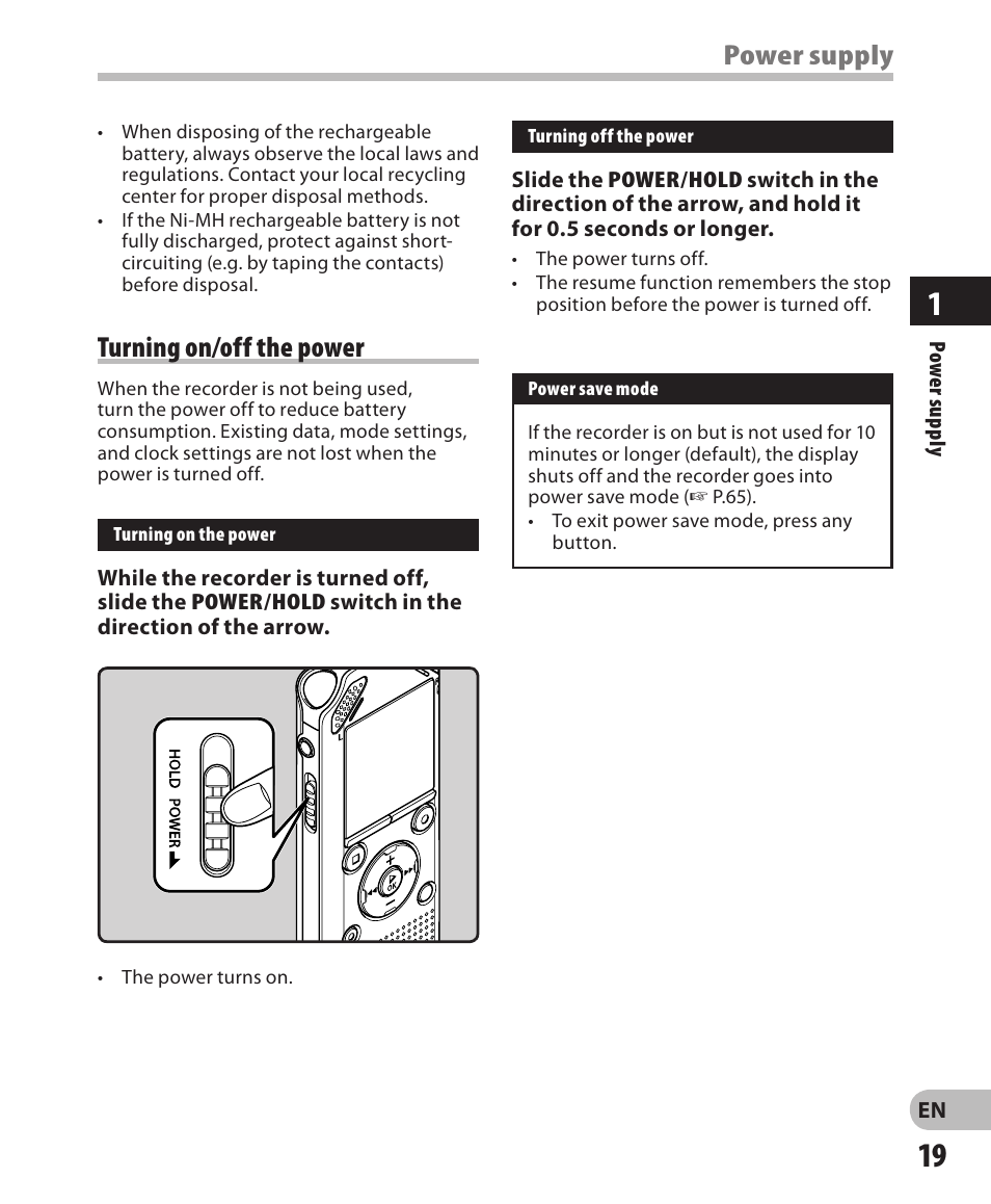 Power supply turning on/off the power | Olympus WS-802 User Manual | Page 19 / 95