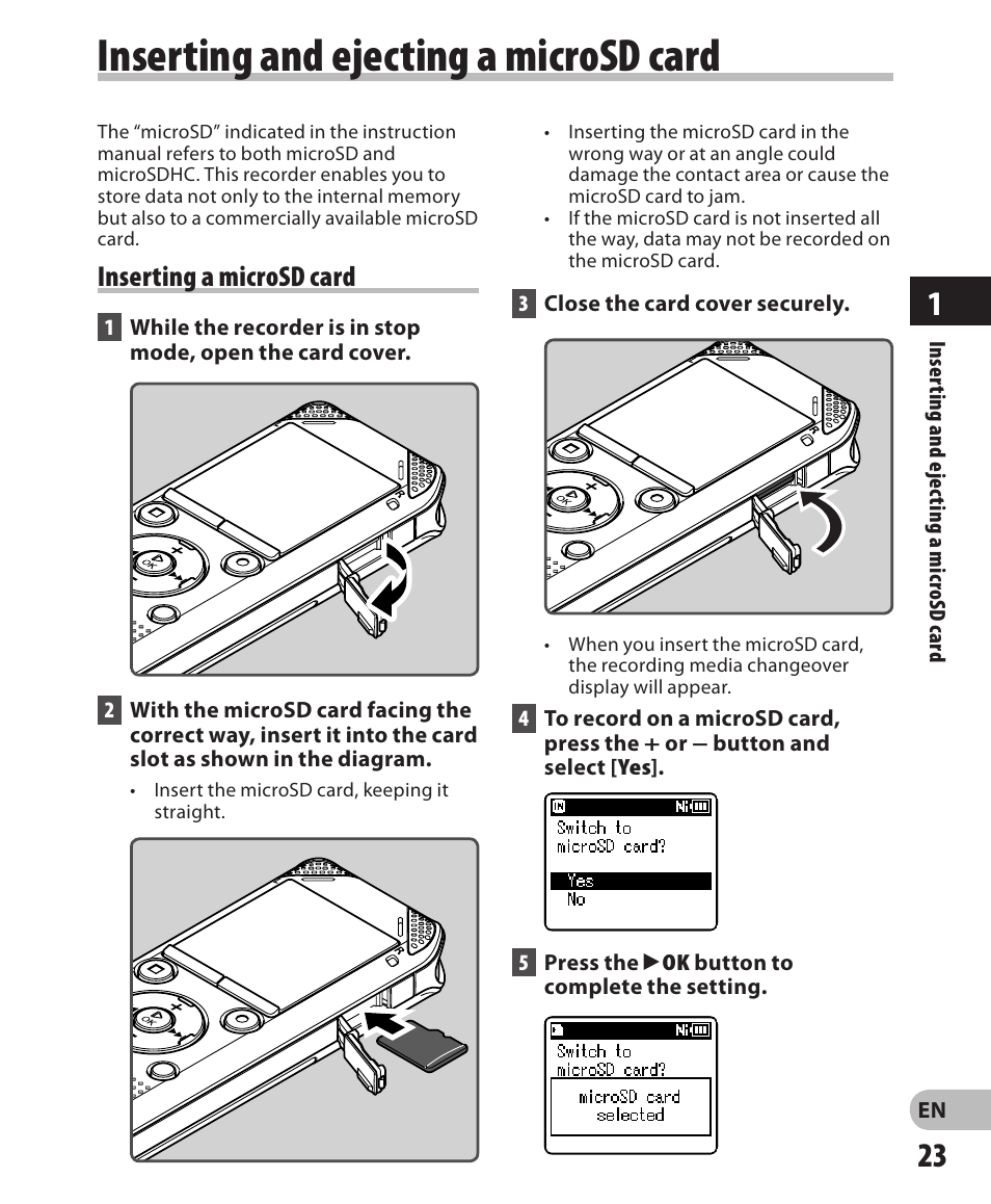 Inserting and ejecting a microsd card, Inserting a microsd card | Olympus WS-802 User Manual | Page 23 / 95