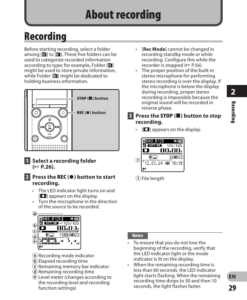 About recording, Recording | Olympus WS-802 User Manual | Page 29 / 95