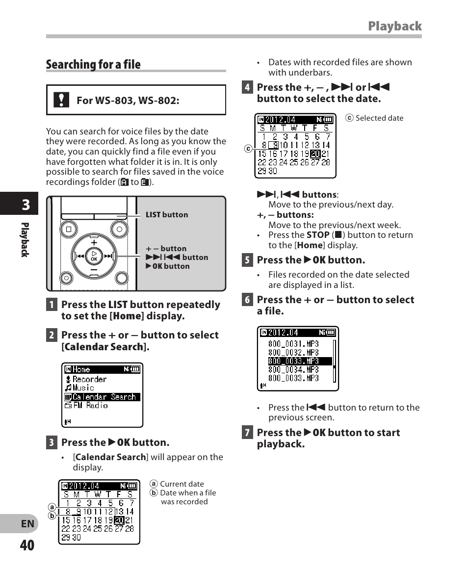 Playback, Searching for a file | Olympus WS-802 User Manual | Page 40 / 95