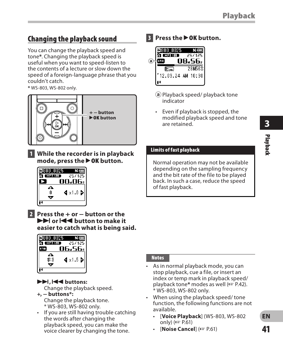 Playback changing the playback sound | Olympus WS-802 User Manual | Page 41 / 95