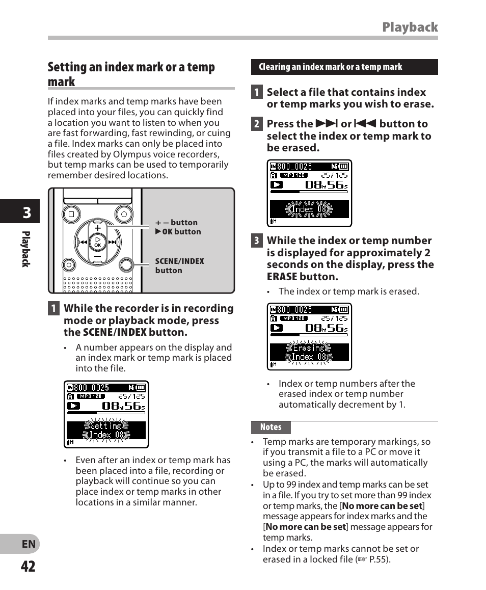 Playback, Setting an index mark or a temp mark | Olympus WS-802 User Manual | Page 42 / 95