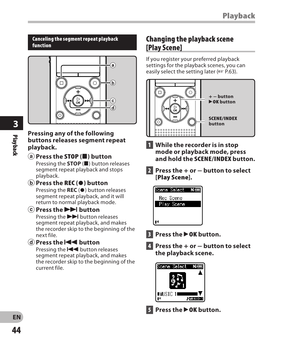 Playback, Changing the playback scene [ play scene | Olympus WS-802 User Manual | Page 44 / 95