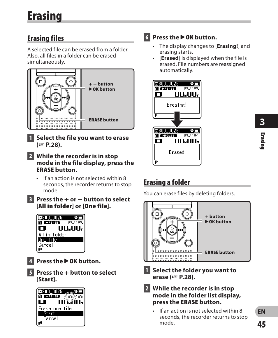 Erasing, Erasing files, Erasing a folder | Olympus WS-802 User Manual | Page 45 / 95