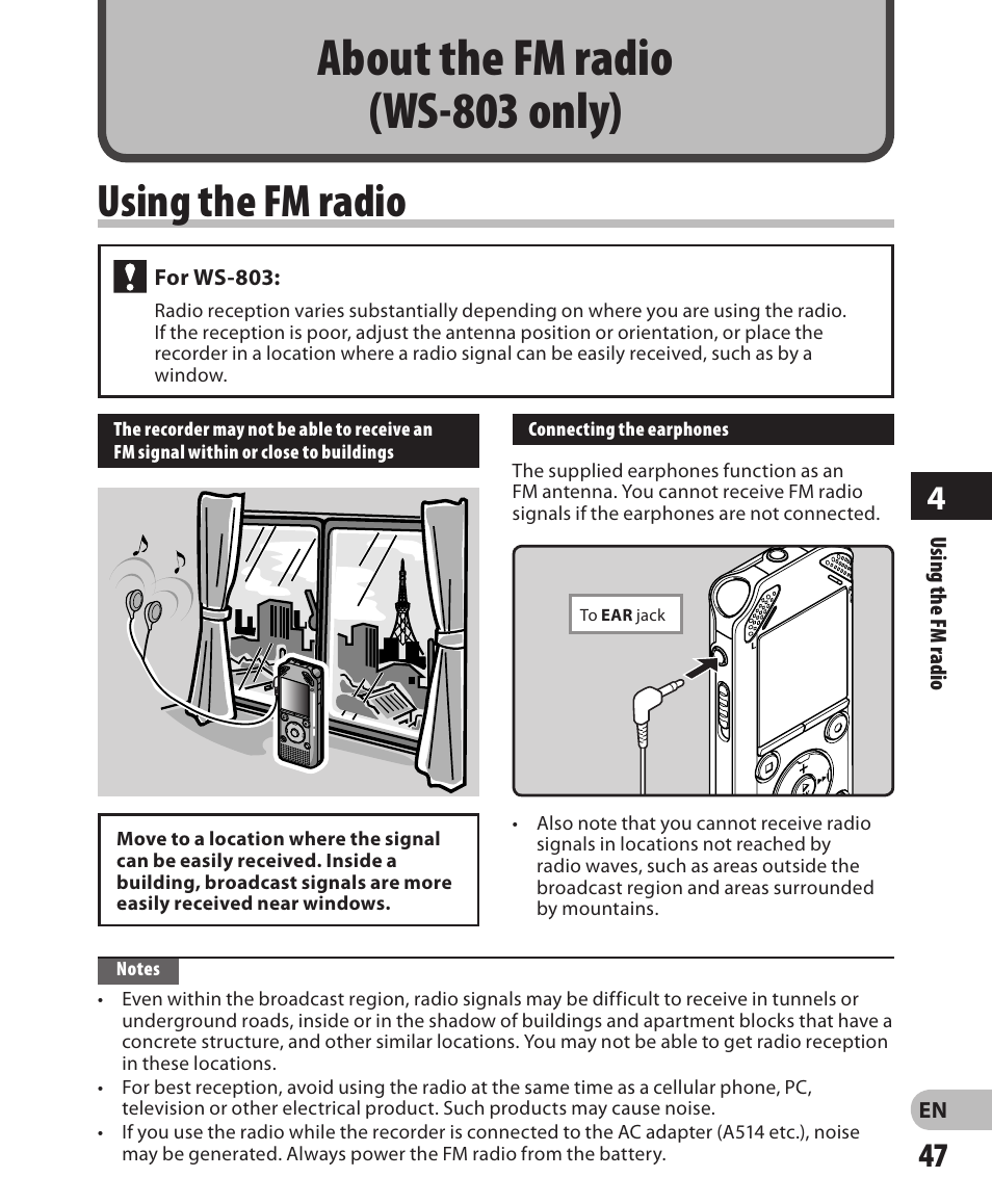 About the fm radio (ws-803 only), Using the fm radio | Olympus WS-802 User Manual | Page 47 / 95