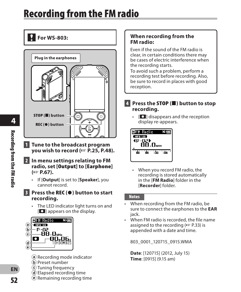 Recording from the fm radio | Olympus WS-802 User Manual | Page 52 / 95
