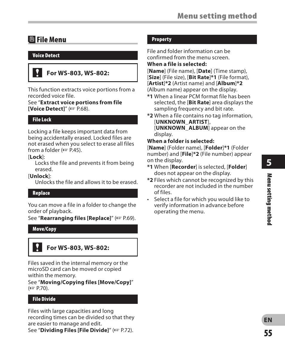 Menu setting method + file menu | Olympus WS-802 User Manual | Page 55 / 95