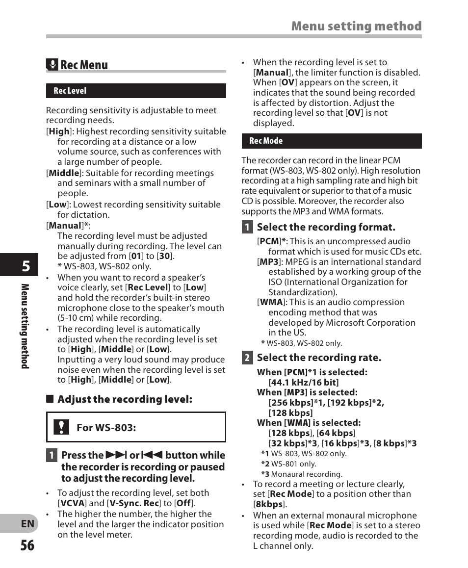Menu setting method, Rec menu | Olympus WS-802 User Manual | Page 56 / 95
