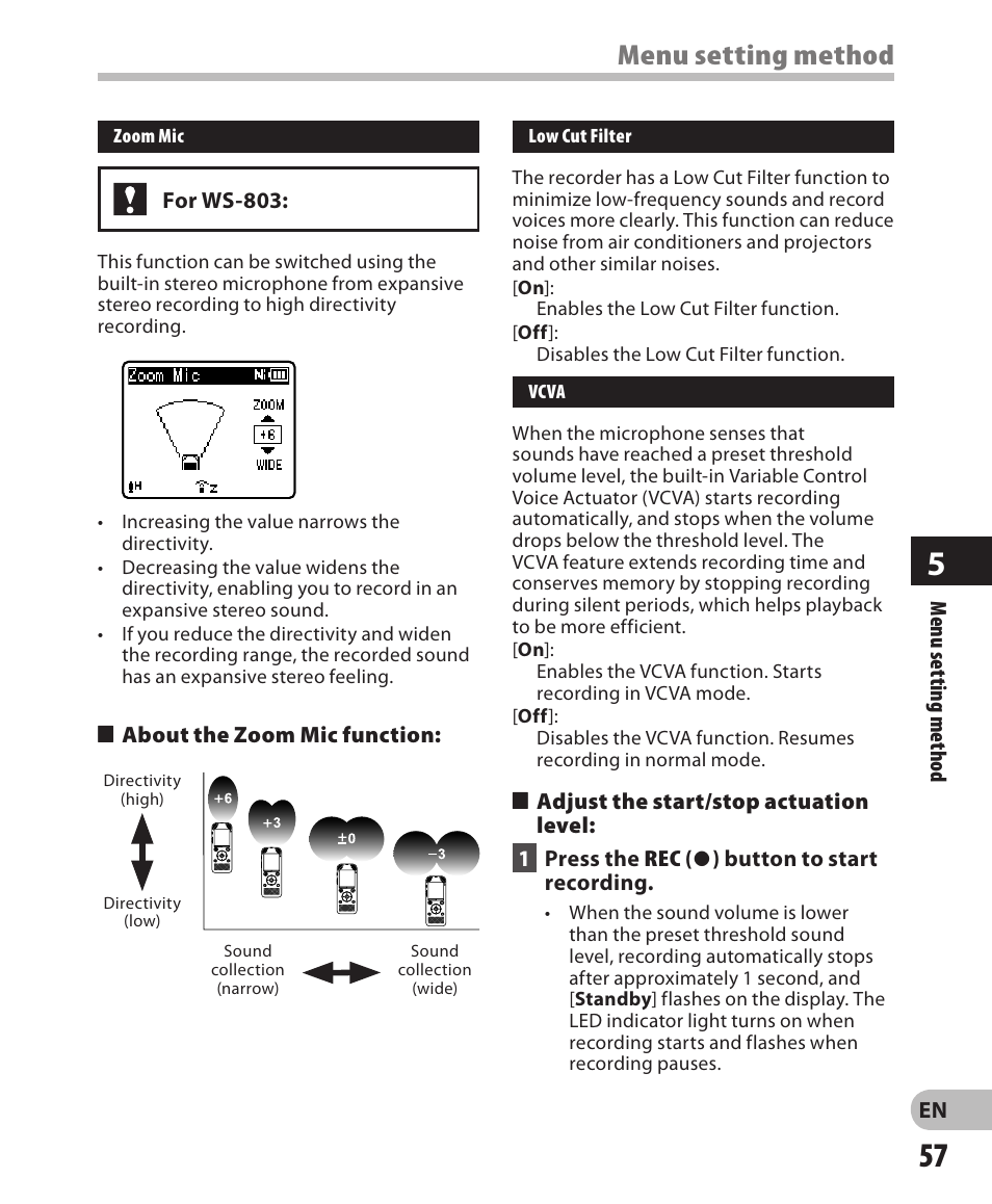 Menu setting method | Olympus WS-802 User Manual | Page 57 / 95