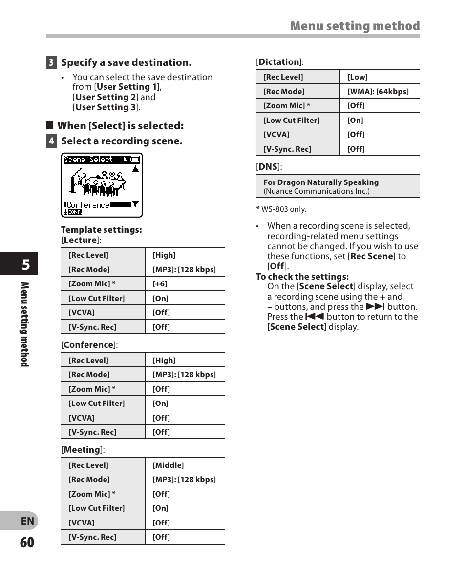 Menu setting method, Menu setting method 3 specify a save destination | Olympus WS-802 User Manual | Page 60 / 95