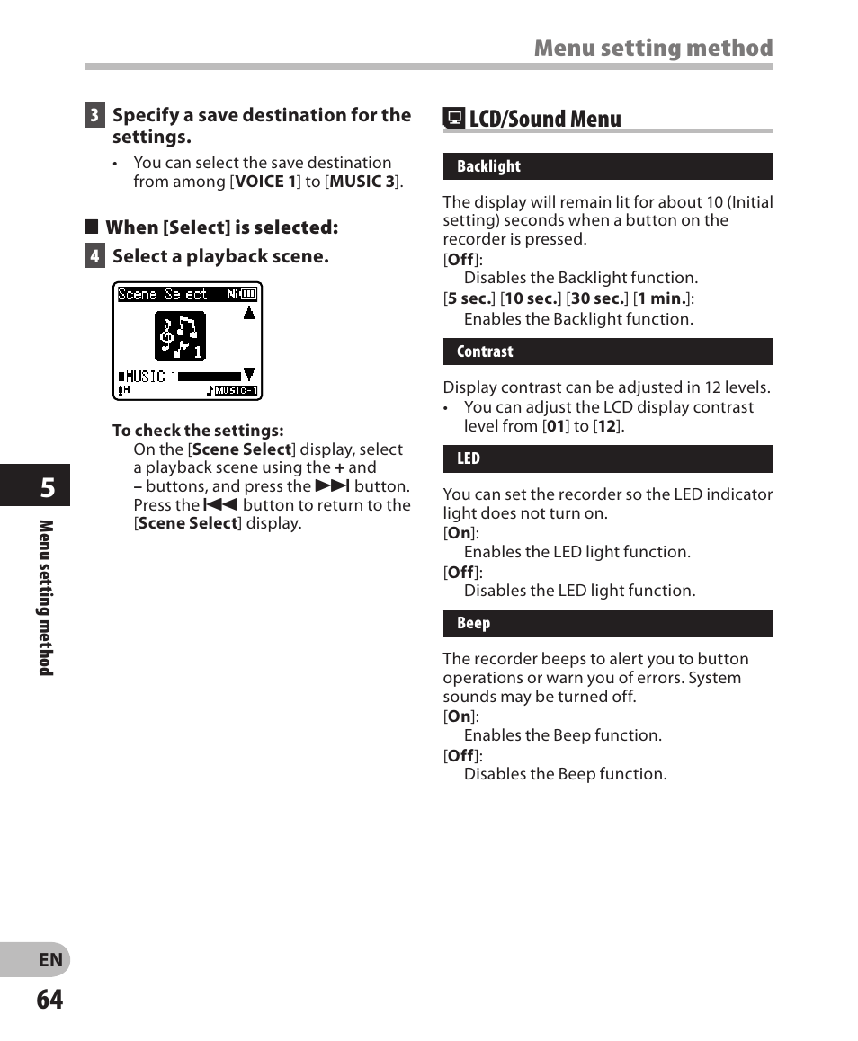 Menu setting method, Lcd/sound menu | Olympus WS-802 User Manual | Page 64 / 95