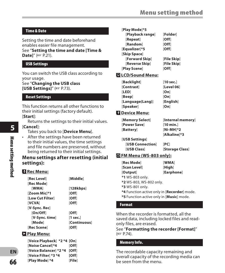 Menu setting method, Menu settings after resetting (initial settings) | Olympus WS-802 User Manual | Page 66 / 95