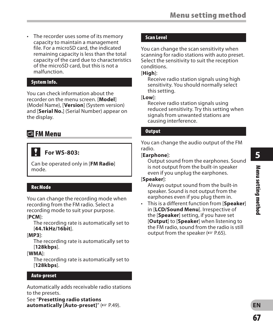 Menu setting method fm menu | Olympus WS-802 User Manual | Page 67 / 95