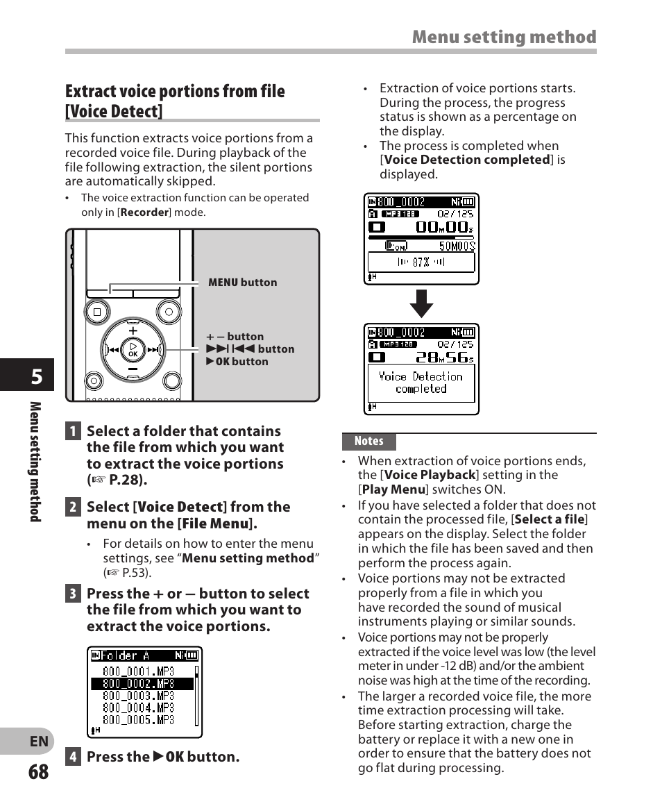 Menu setting method, Extract voice portions from file [ voice detect | Olympus WS-802 User Manual | Page 68 / 95