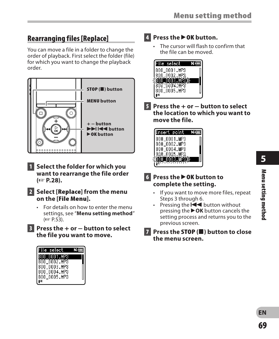 Menu setting method, Rearranging files [ replace | Olympus WS-802 User Manual | Page 69 / 95