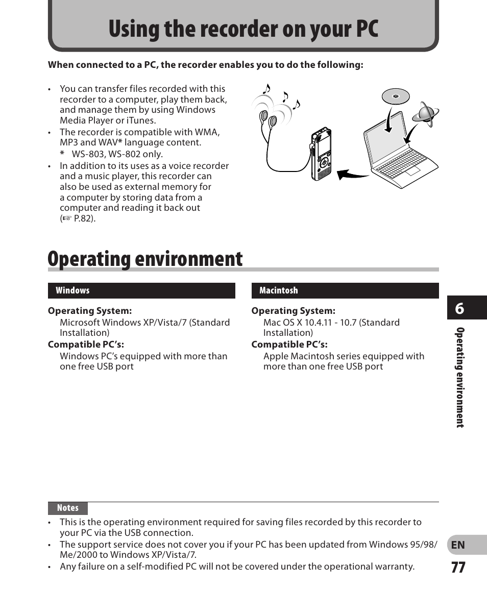 Using the recorder on your pc, Operating environment | Olympus WS-802 User Manual | Page 77 / 95