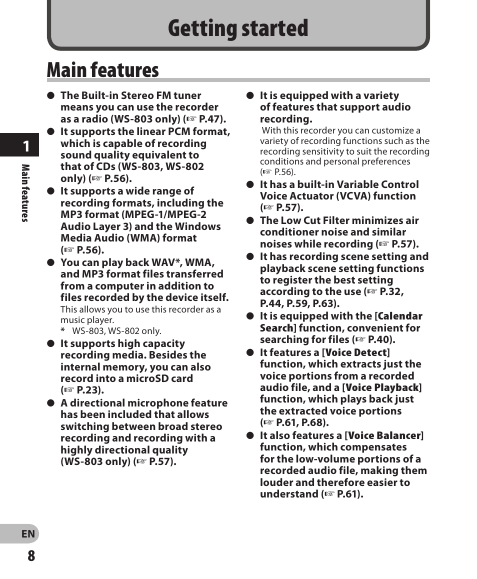 Getting started, Main features | Olympus WS-802 User Manual | Page 8 / 95