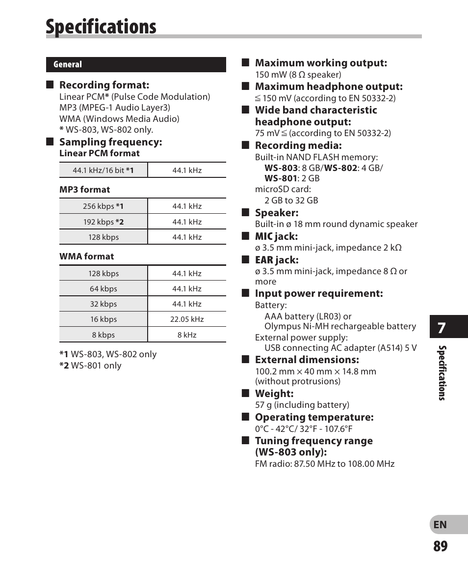 Specifications | Olympus WS-802 User Manual | Page 89 / 95