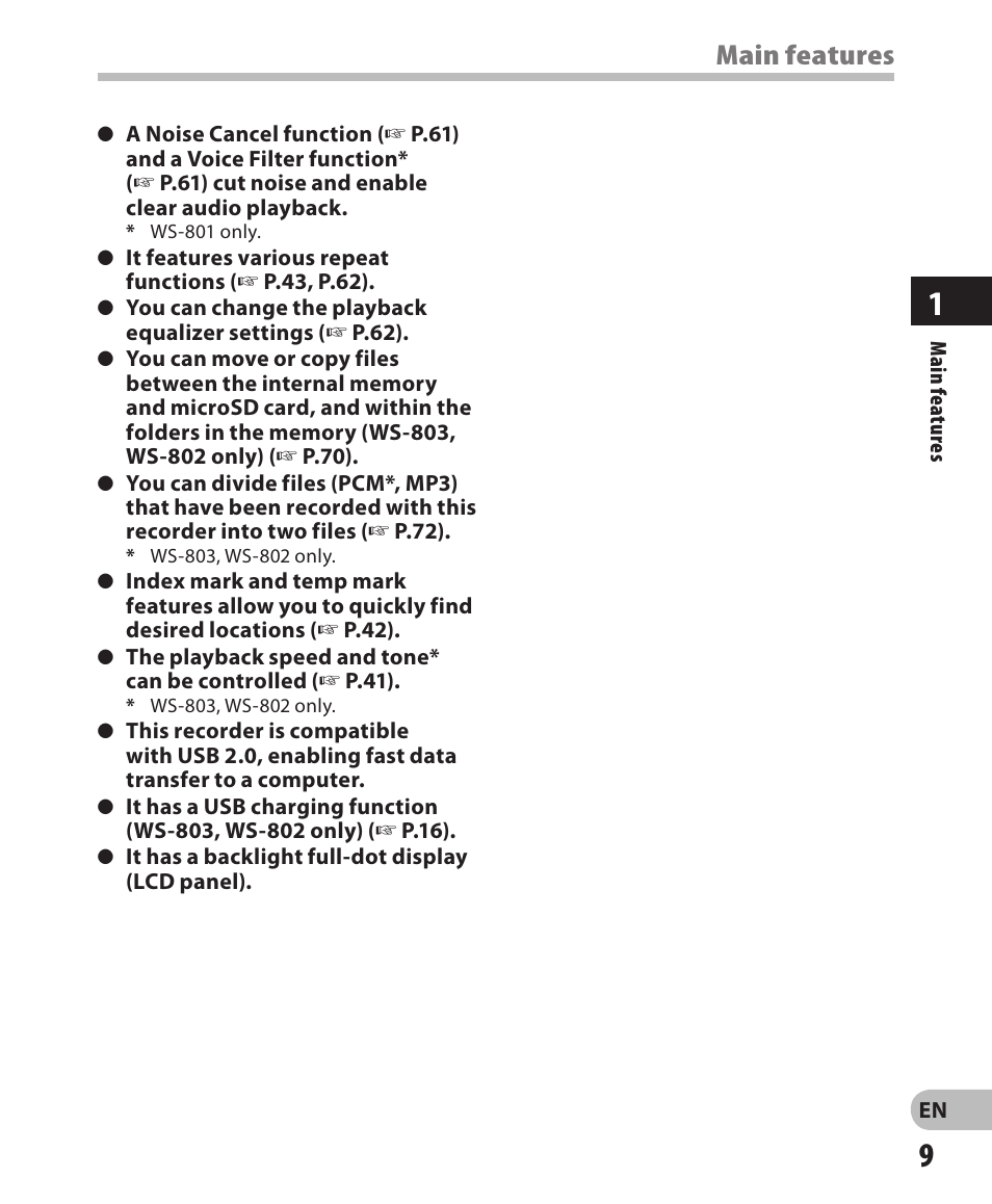 Main features | Olympus WS-802 User Manual | Page 9 / 95