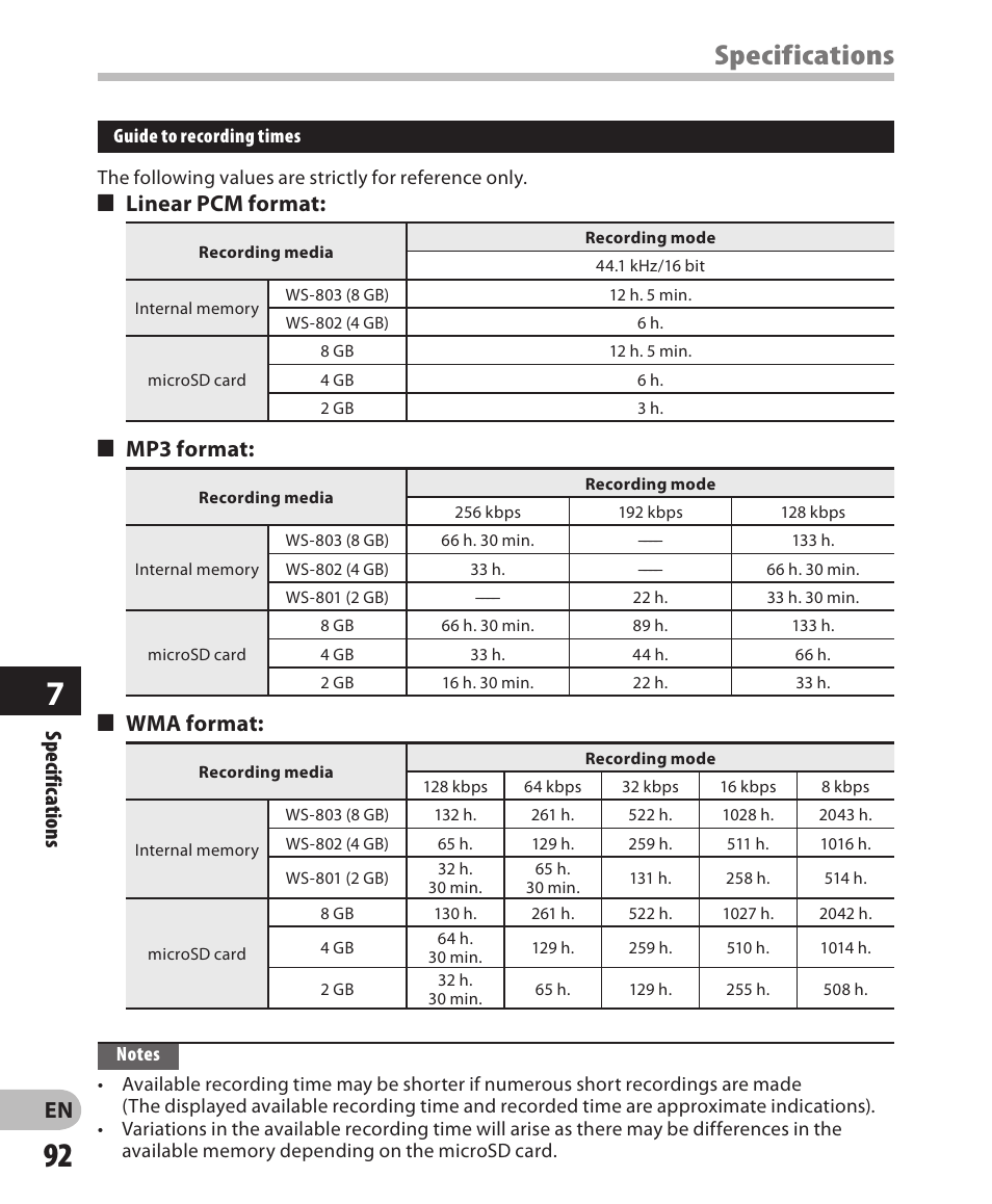Specifications, Specific ations, 4 linear pcm format | 4 mp3 format, 4 wma format | Olympus WS-802 User Manual | Page 92 / 95