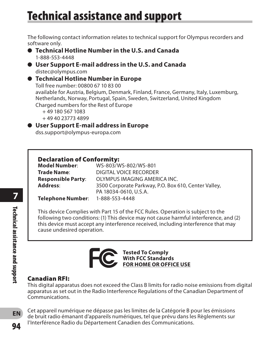 Technical assistance and support | Olympus WS-802 User Manual | Page 94 / 95