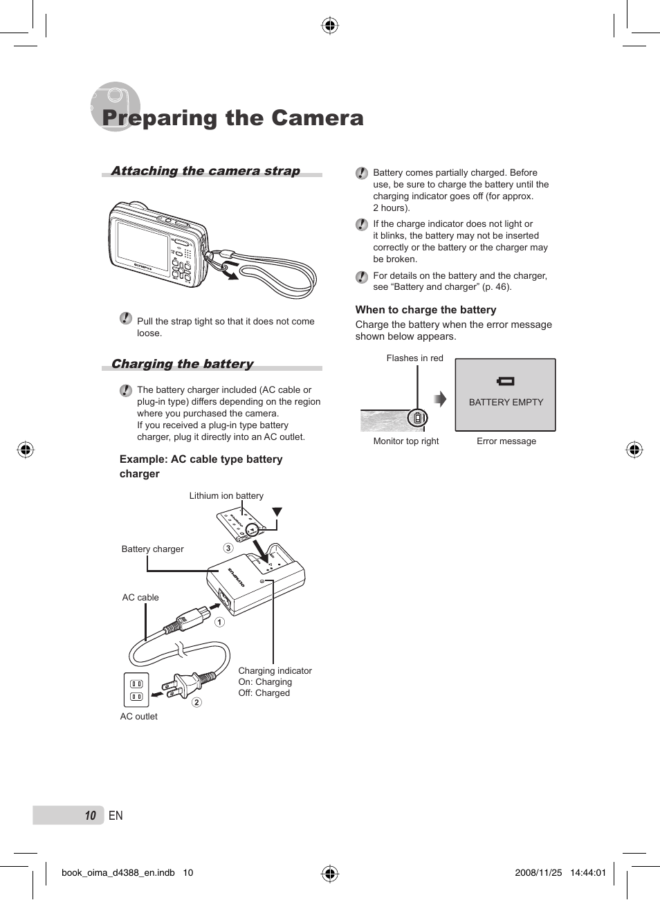 Preparing the camera, 10 en, Attaching the camera strap | Charging the battery | Olympus STYLUS-550WP User Manual | Page 10 / 70